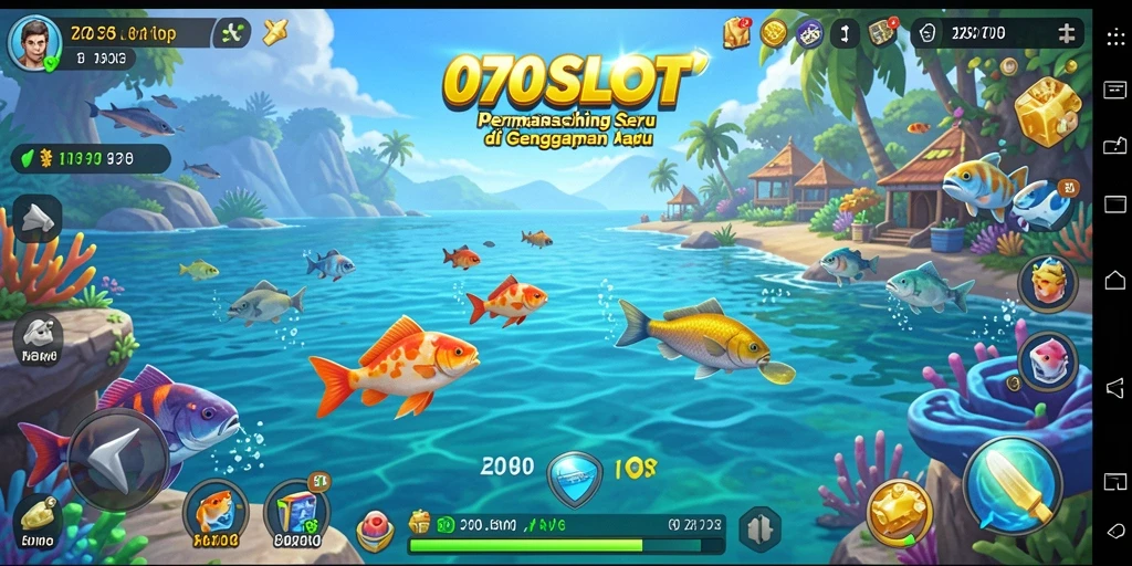 Gambaran gameplay 070SLOT saat memancing dengan ikan berwarna-warni.