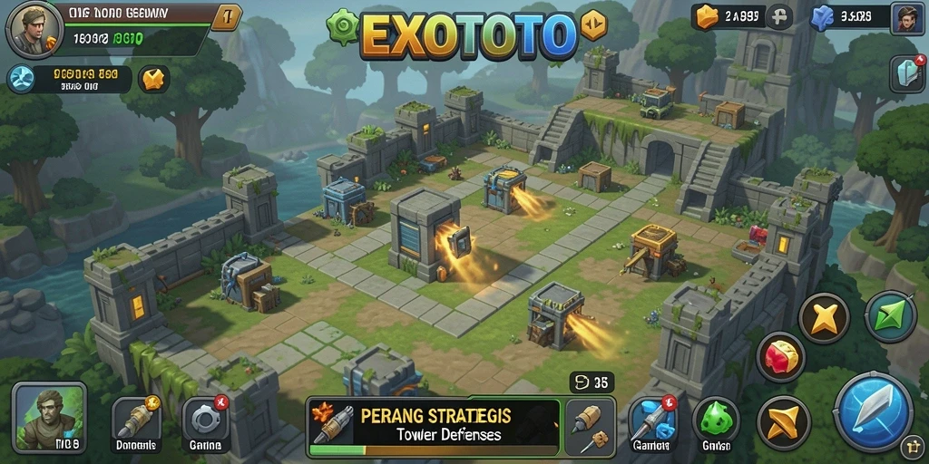Tangkapan layar gameplay EXOTOTO dengan menara bertarung melawan musuh.