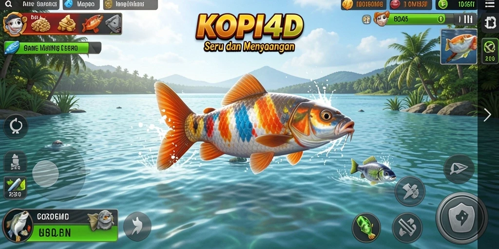 Gameplay KOPI4D yang menampilkan aksi memancing yang seru dan interaktif.