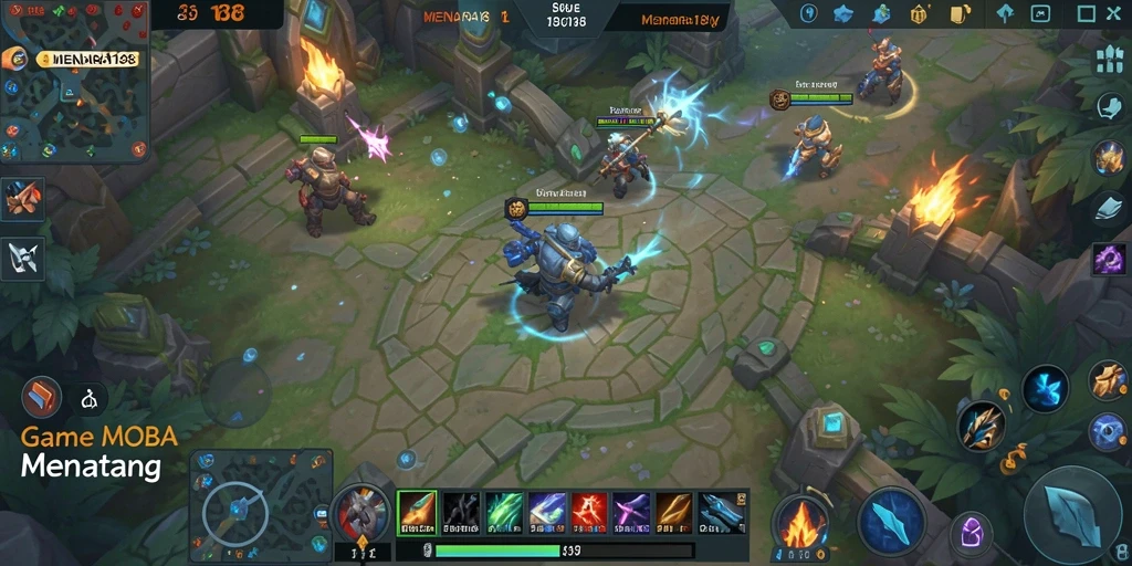 Gameplay MOBA yang penuh aksi dan strategi.