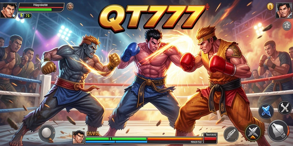 Tampilan gameplay QT777 dengan pertarungan yang intens dan karakter yang beragam.