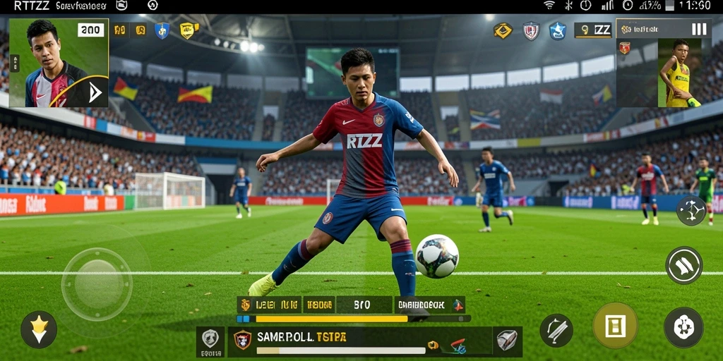 Screenshot gameplay RTZZ menampilkan aksi seru dalam pertandingan sepak bola.